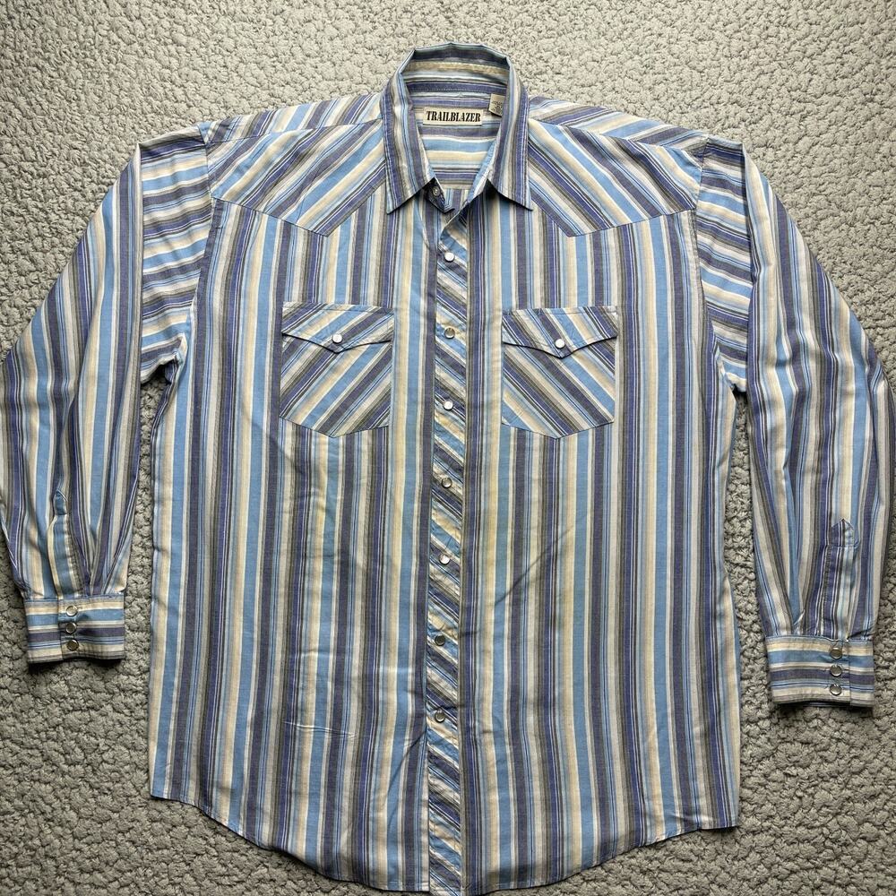 Trailblazer Pearl Snap Shirt Mens XLT Tall Man Blue Striped Long Sleeve Western